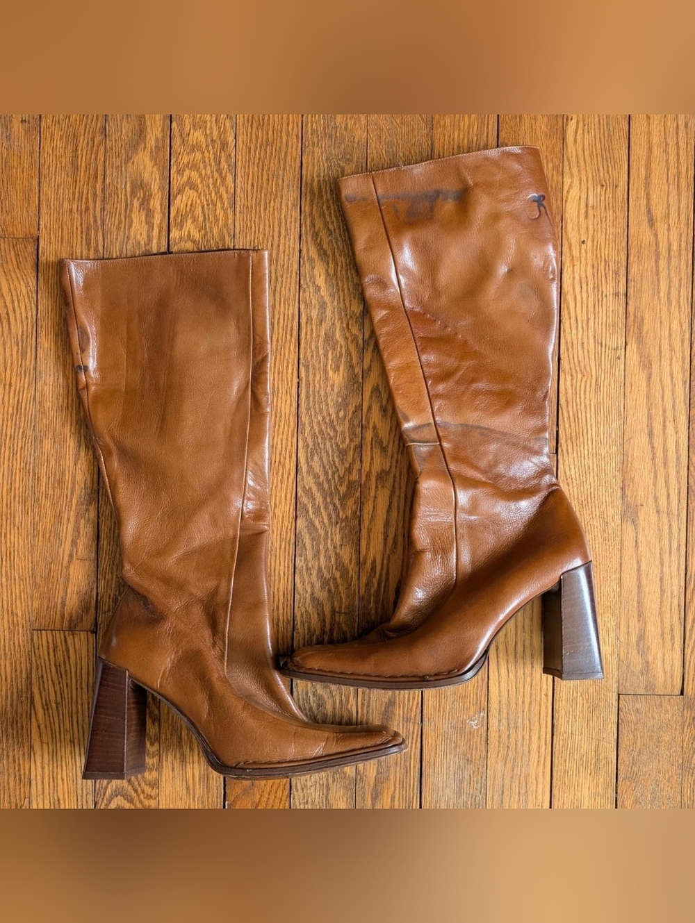 Vintage 70's Brown leather Tan Leather Knee High Block Heel Boots